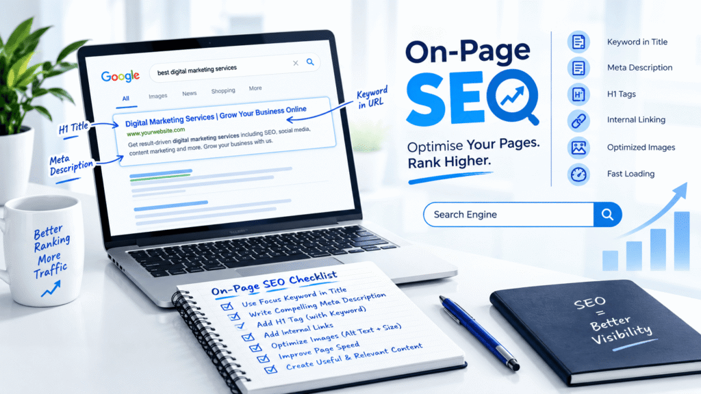 On-page SEO workspace banner showcasing laptop with Google search results, optimization points, and planning notebook