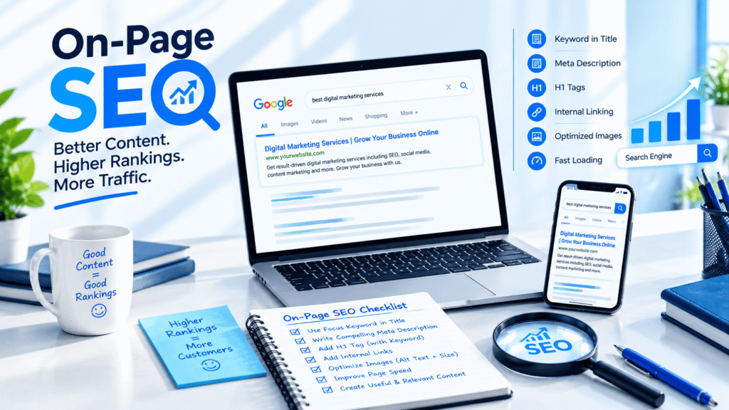On-page SEO optimization workspace showing laptop with search engine results, mobile display, magnifying glass, and keyword checklist notes