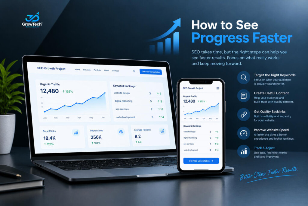 SEO growth infographic displaying website performance charts on laptop and mobile screen with growth steps