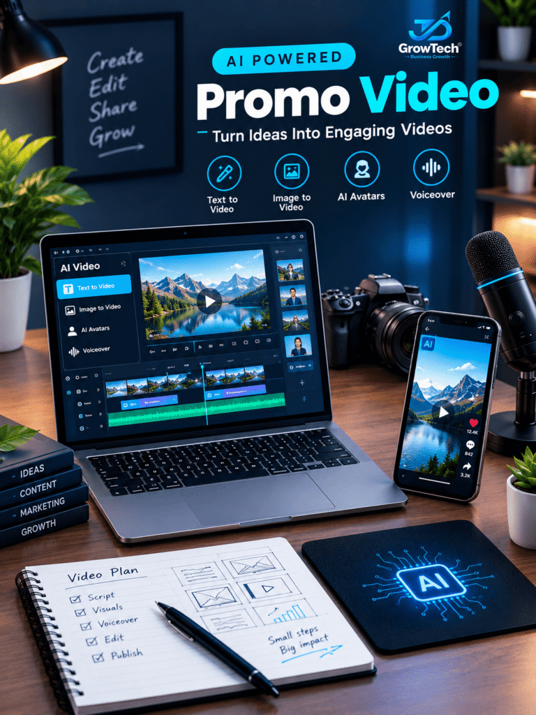 AI promo video editing workspace showing video editing software on laptop, smartphone, camera, and storyboard notepad
