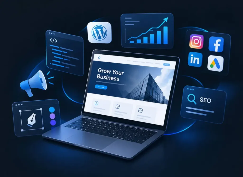 Digital marketing growth ecosystem illustration showing web development, SEO analytics, social media ads, and mobile app icons connected around a laptop