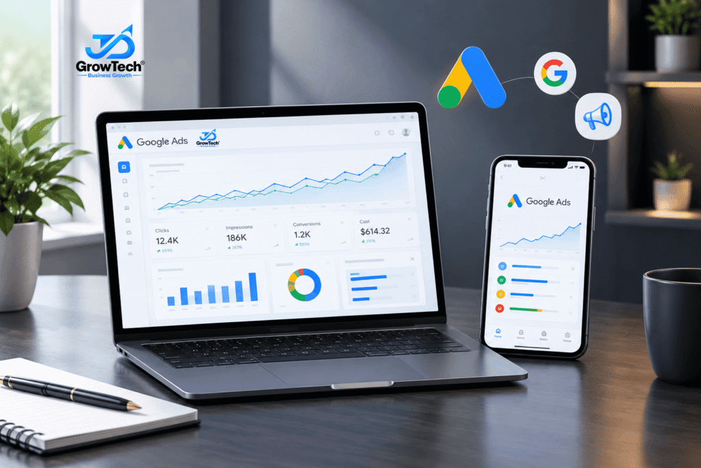 Google Ads campaign performance dashboard displayed on laptop and mobile screen