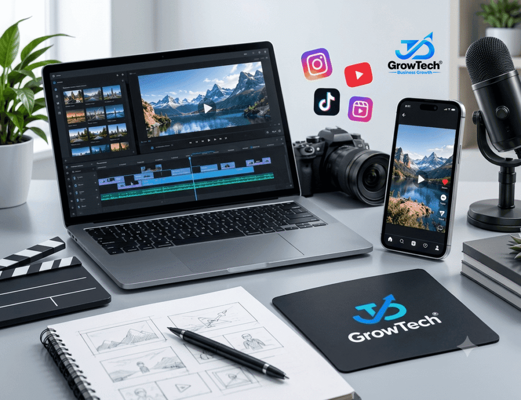 AI content creation studio workspace showing video editing software on laptop, smartphone, camera, and sketchbook