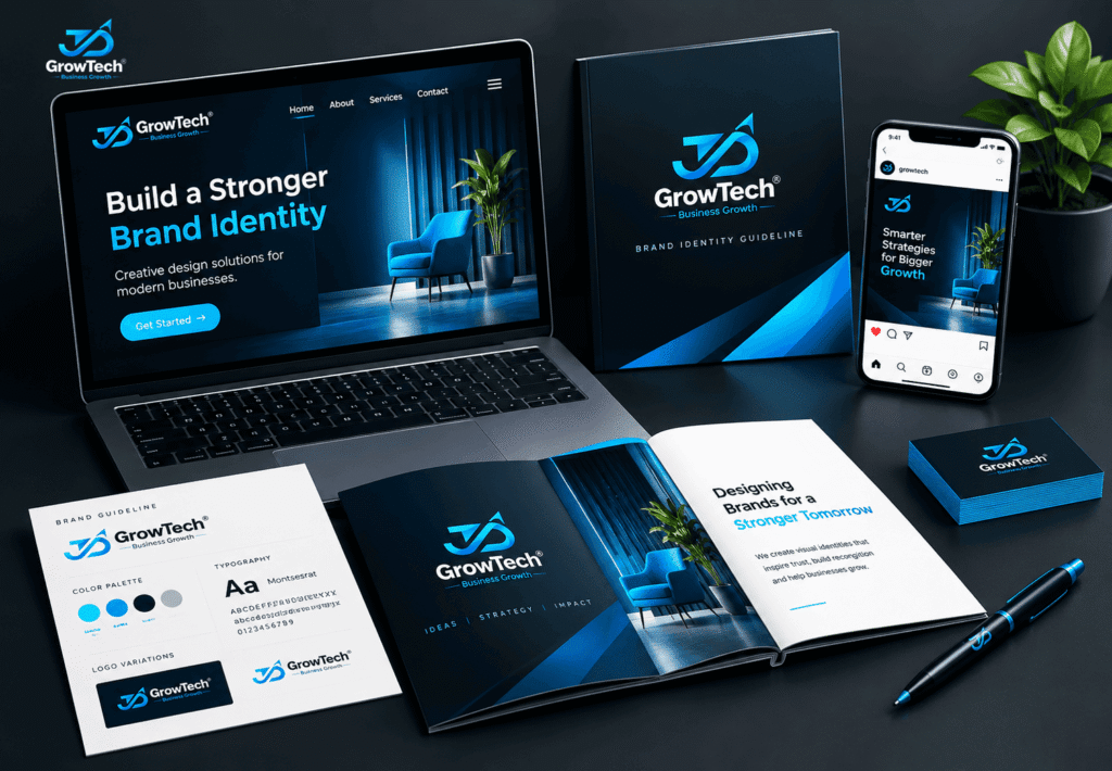 Brand identity design mockup showing laptop, mobile app layout, business cards, brochure, and corporate stationery