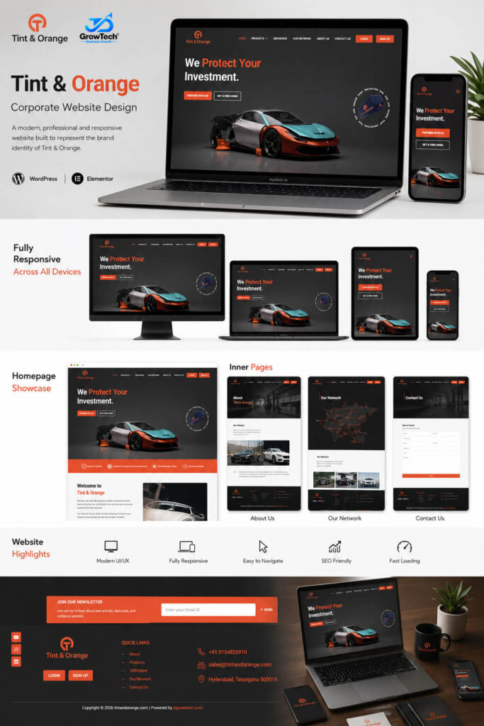 Tint and Orange website design portfolio showcase displaying responsive desktop and mobile layouts