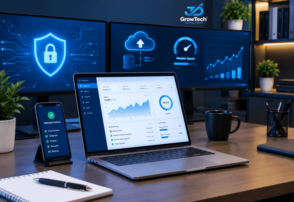 Website security and maintenance dashboard showing SSL protection, cloud servers, and performance analytics on multiple screens