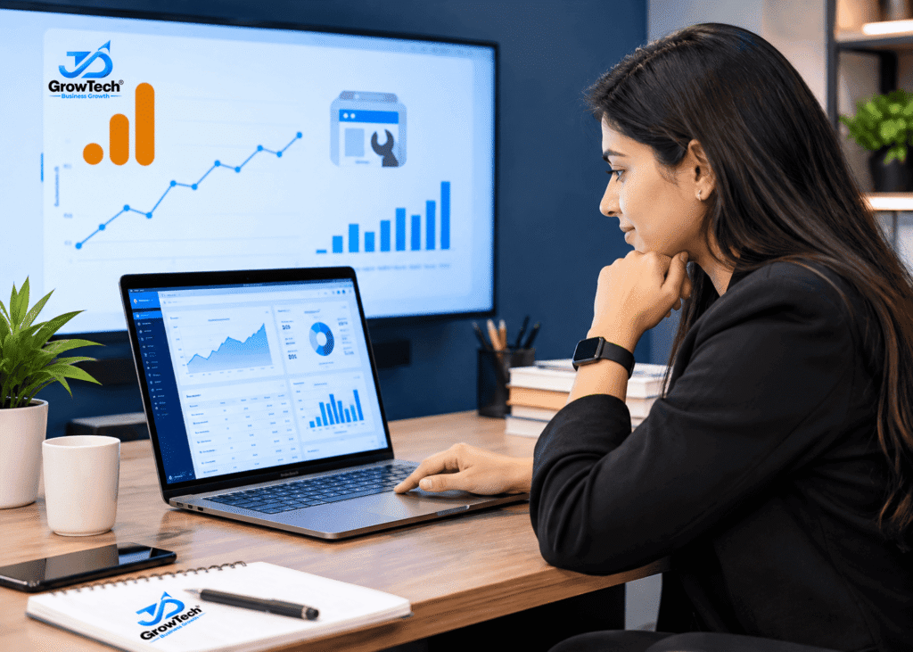 Professional digital marketing specialist analyzing website performance charts and data analytics on laptop and desktop monitors