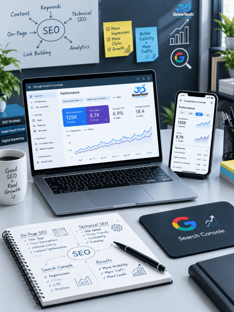 SEO analytics workspace in action showing website performance dashboard on laptop, mobile phone, and strategy notes notebook