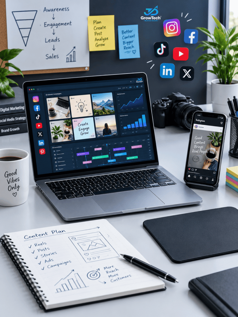 Social media marketing workspace showing video post scheduler, content analytics on laptop, mobile phone, and planning notepad