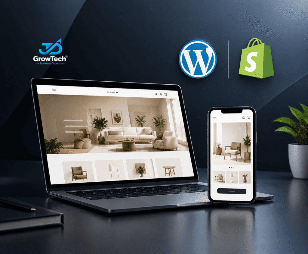 WordPress and Shopify e-commerce website design displayed on laptop and mobile screen