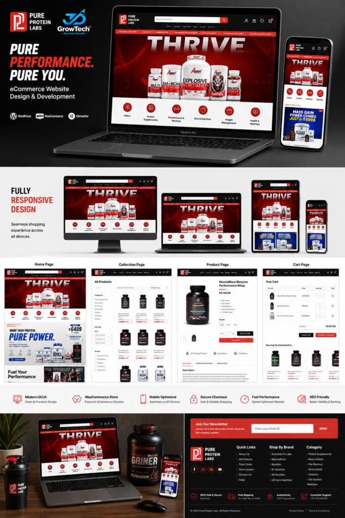 Pure Protein Labs e-commerce website portfolio design showcasing supplement store layouts on desktop and mobile screens